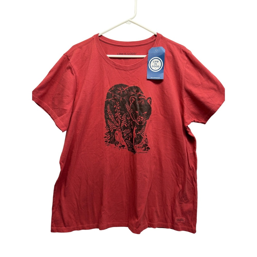 NWT Life Is Good T-Shirt Woodland Bear Graphic XXL Red Womens